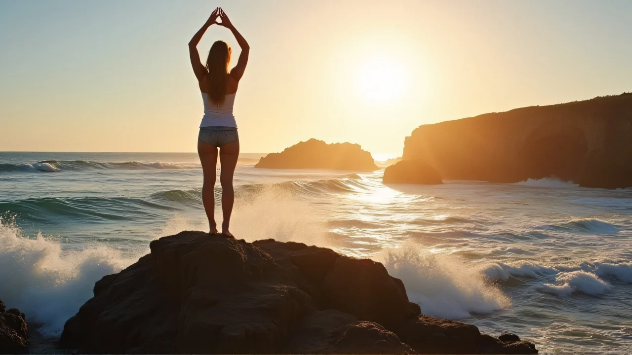 A woman stands on a rugged coastal rock, arms raised towards the sunset.