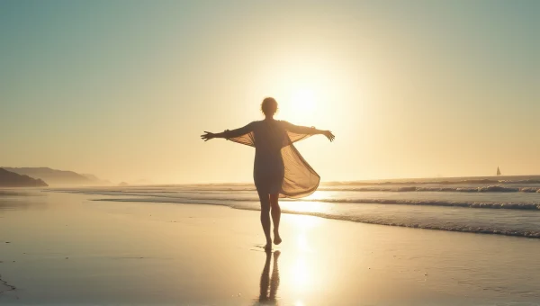 Woman Embracing Sunset at Windswept Shoreline