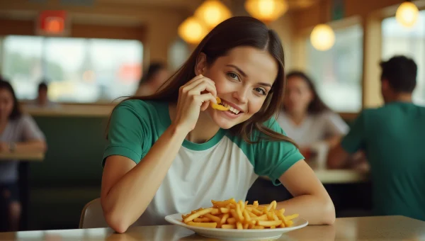 Woman Enjoying Fries at Diner Table