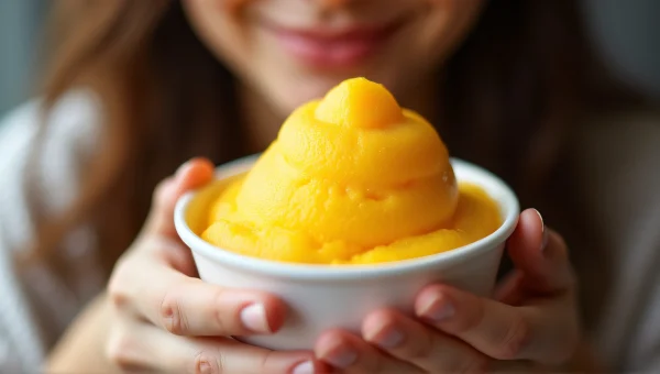 Woman Enjoying Mango Sorbet Close-Up Delight