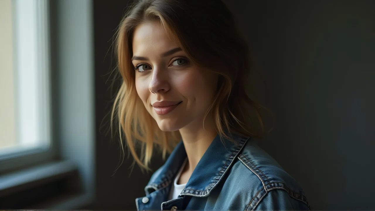 A woman poses candidly in a faded denim jacket with soft natural light.