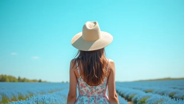 Woman in Floral Dress in Blue Flower Field