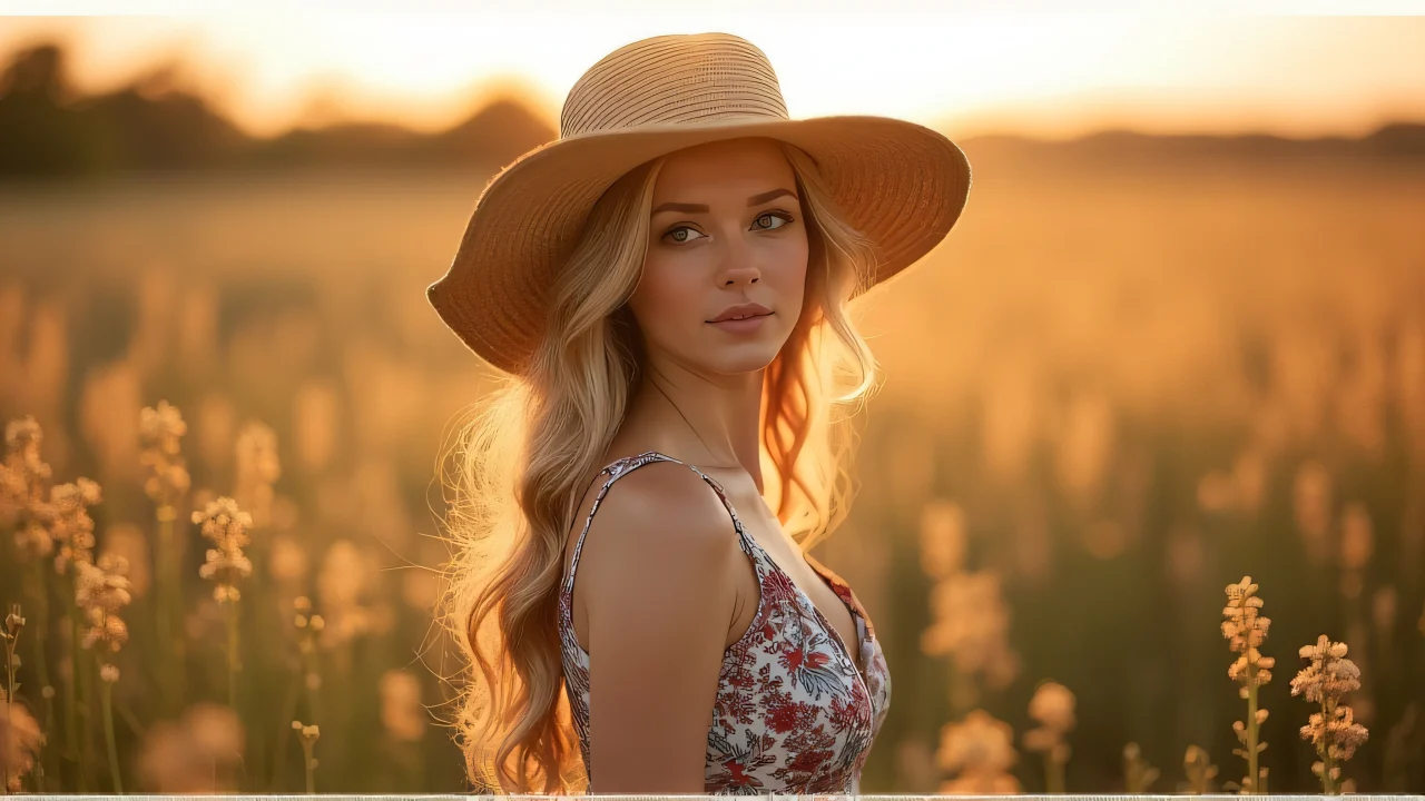 A woman in a floral dress and sun hat stands among wildflowers during golden hour.
