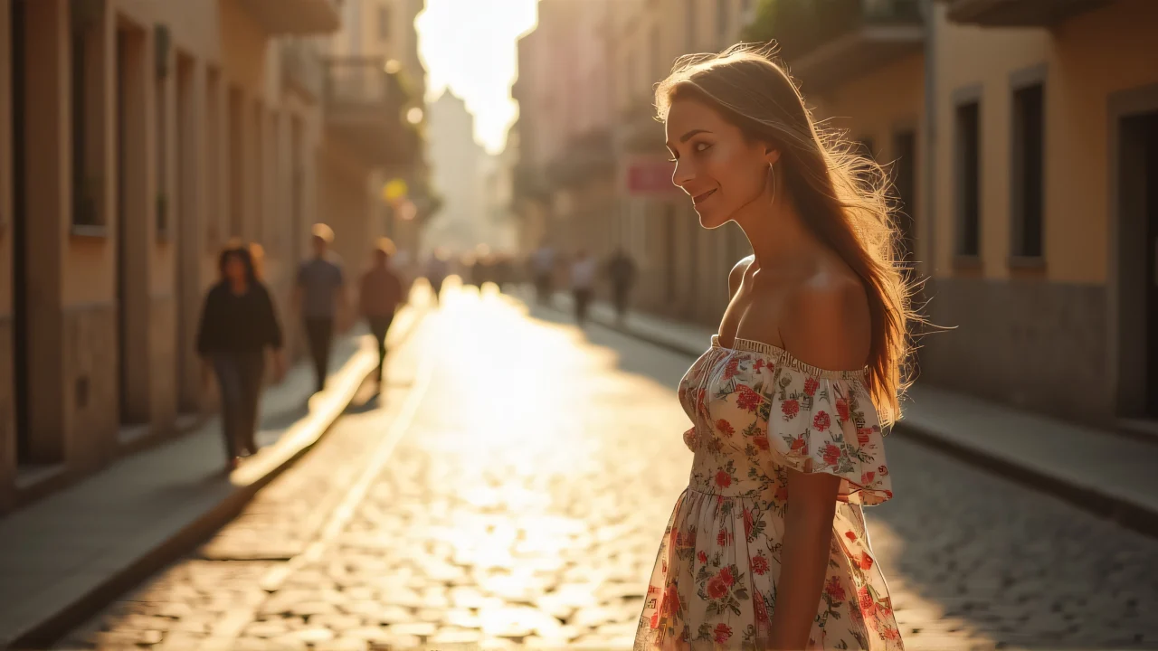 A woman in an off-shoulder floral dress stands on a sunlit cobblestone street, with the breeze lifting her hem.