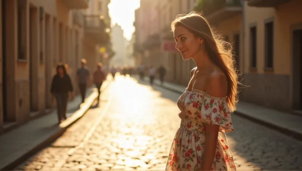 Woman Floral Dress Sunlit Cobblestone Street