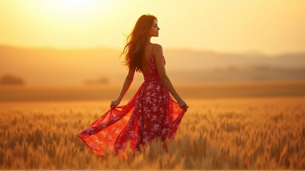 A woman in a red and white floral dress poses in a wheat field during golden hour.