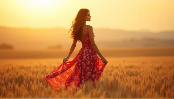 Woman In Floral Dress In Wheat Field At Sunset