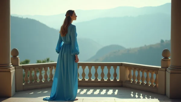 Woman in Flowing Blue Robe on Veranda