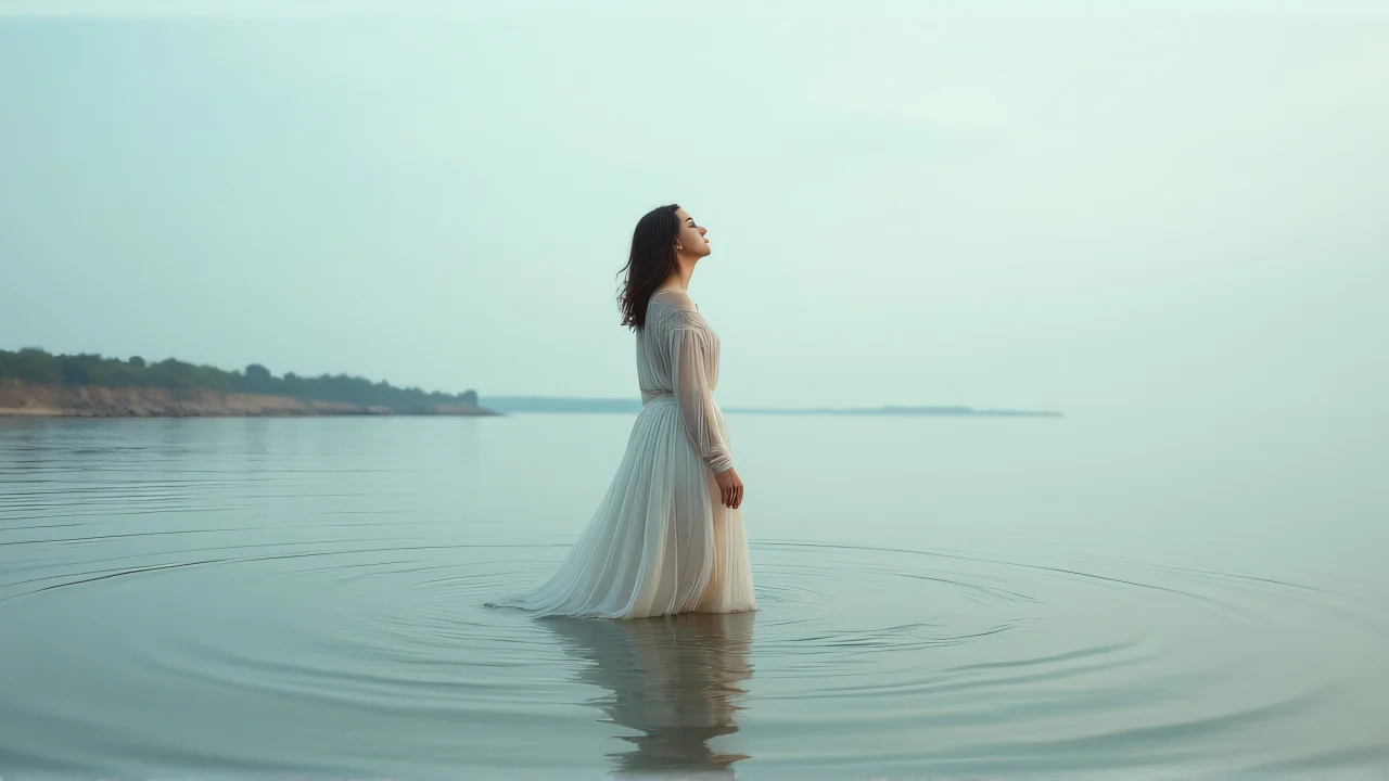 A woman in a flowing dress stands waist-deep in still water, surrounded by ripples and a distant shoreline.