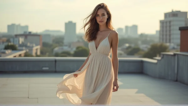 Woman in Flowing Dress on Urban Rooftop