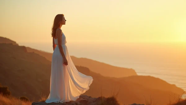 Woman In Flowing White Dress On Cliff At Sunset