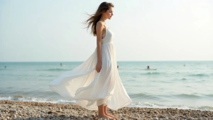 Woman In Flowing White Dress On Pebble Shore