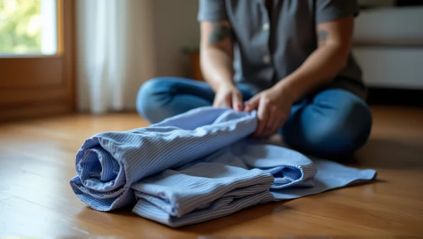 Woman Folding Blue-Striped Dress Shirt Indoors