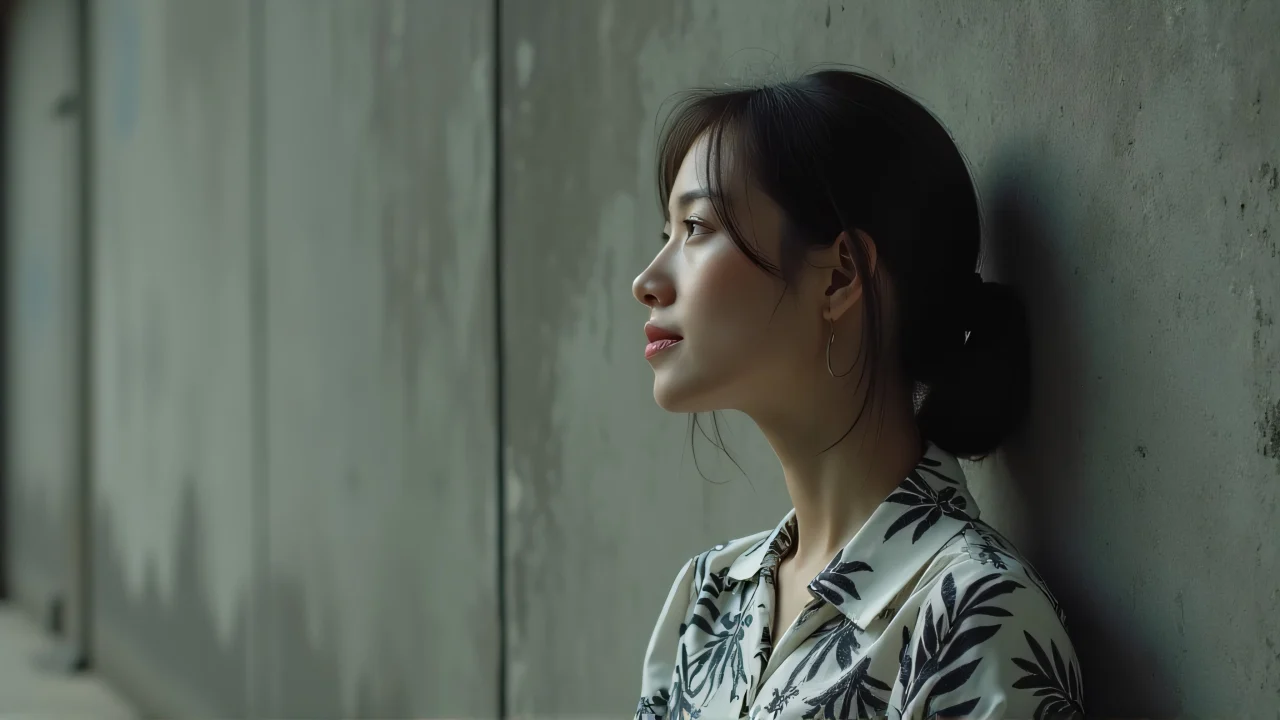 A woman leans against a textured concrete wall, wearing a white and black foliage-patterned shirt.