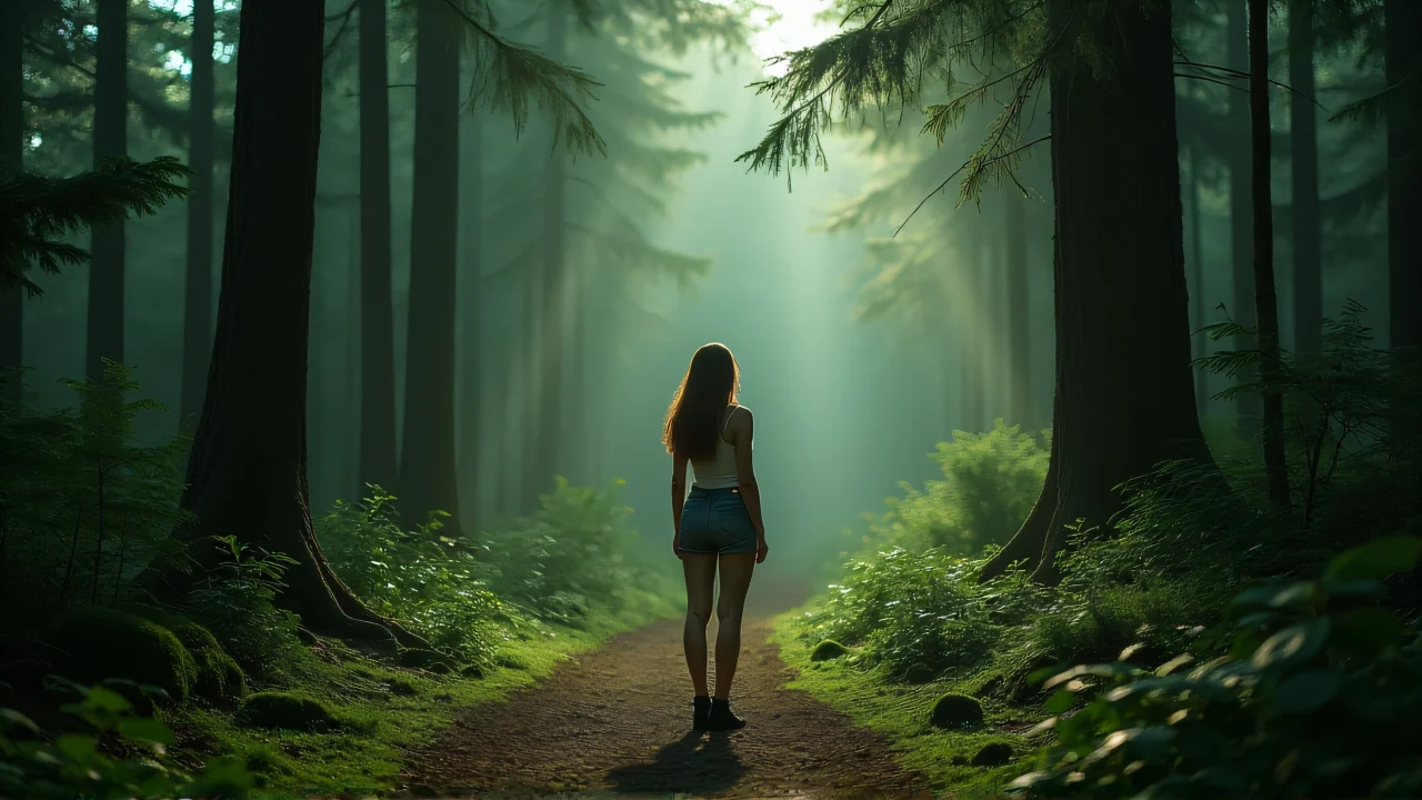 A woman stands on a mossy path in a dense forest with soft backlight and mist.