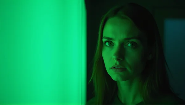 Woman Frowning Beside Green LED Strip Portrait