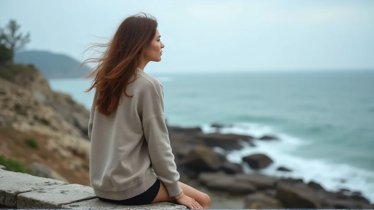 Rear view of a woman by a rocky seashore, gazing thoughtfully.