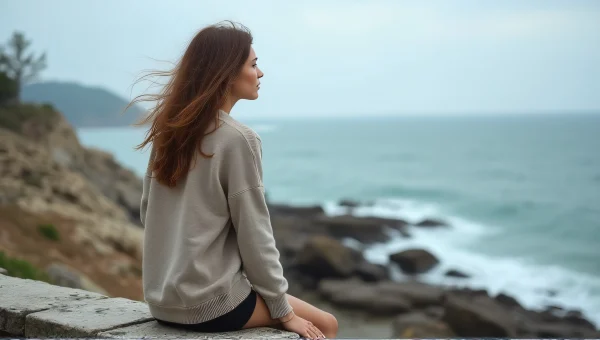 Woman Gazing At Rocky Seashore By Railing