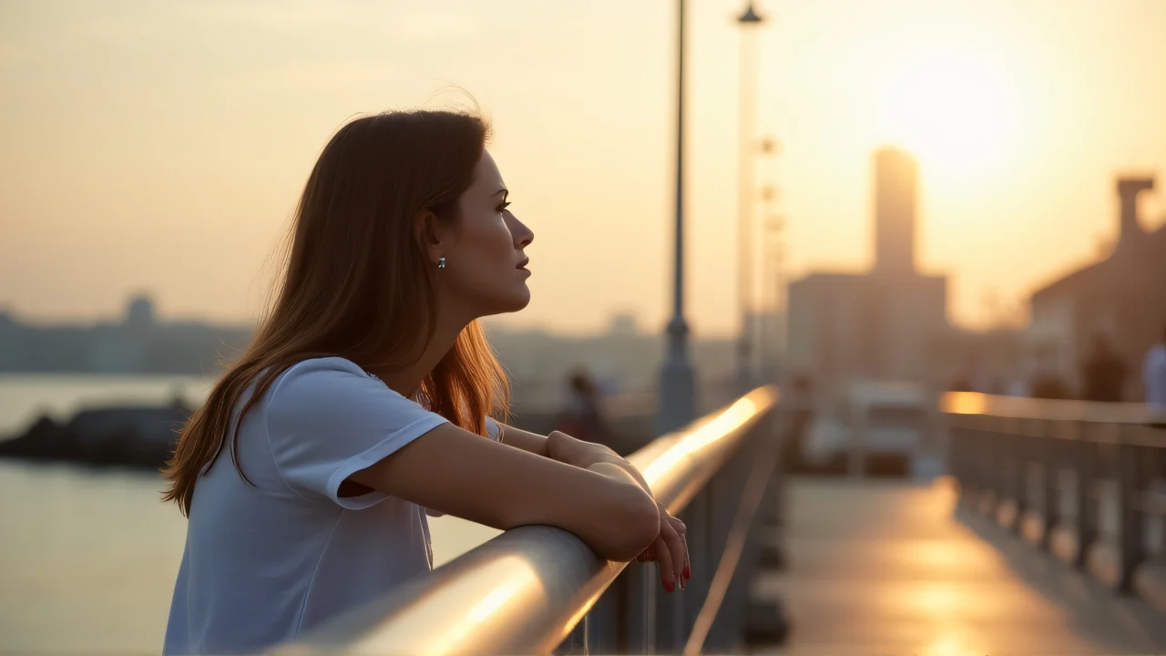 A woman leans on a silver post, looking thoughtfully into the distance at an urban pier during golden hour.