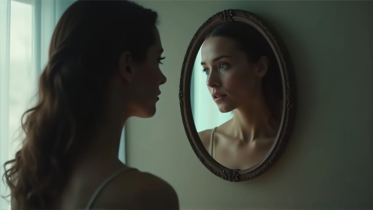 A woman reflecting on herself in a mirror with soft light.