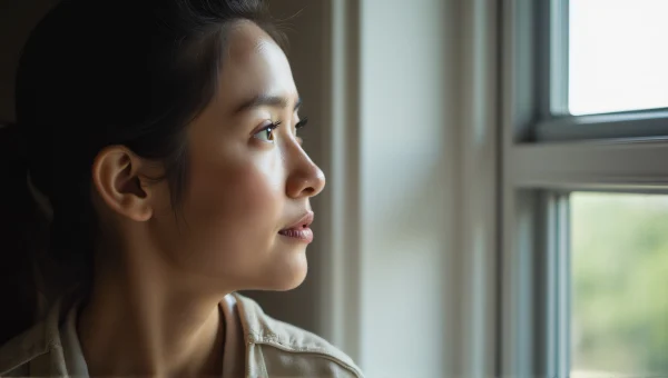 Woman Gazing Out Window Portrait Soft Light