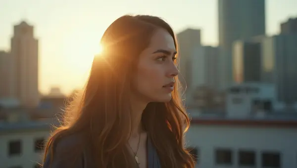 Woman Gazing Right Urban Rooftop Soft Light
