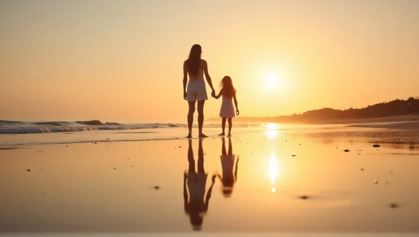 Woman And Girl On Sandbar At Golden Hour
