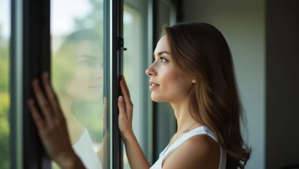 Woman Grasping Window Rails In Soft Daylight