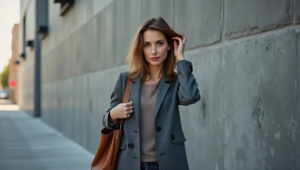 Woman in Gray Coat with Leather Bag Portrait