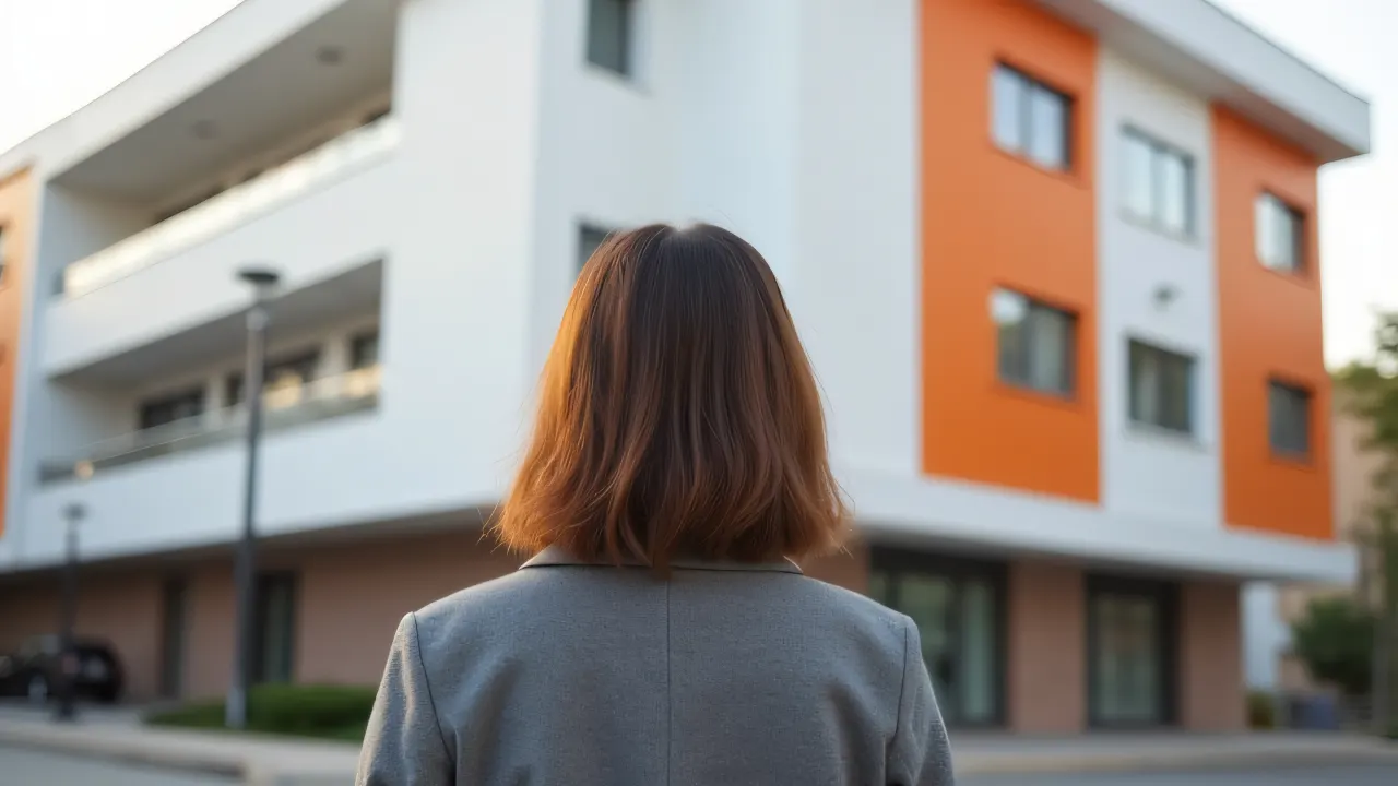 A woman in a gray coat stands by a modern white and orange building in soft afternoon light.