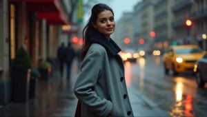 Woman In Gray Coat On Rainy City Sidewalk