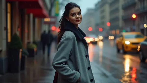 Woman In Gray Coat On Rainy City Sidewalk