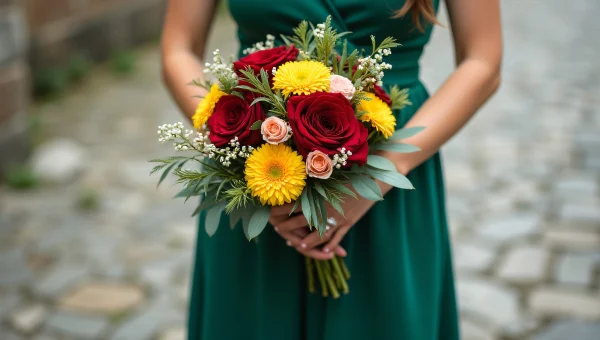 Woman in Green Dress Holding Mixed Bouquet