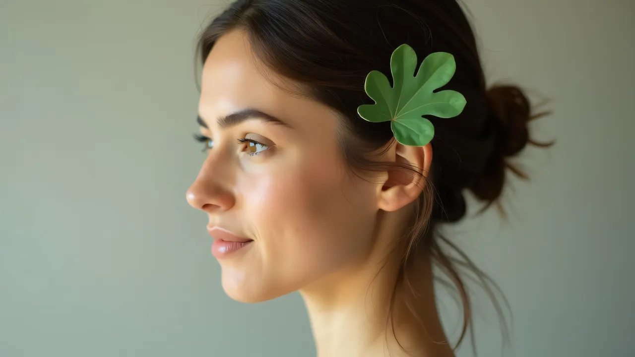 Waist-up portrait of a woman with a green leaf hair clip in soft light against a neutral background.