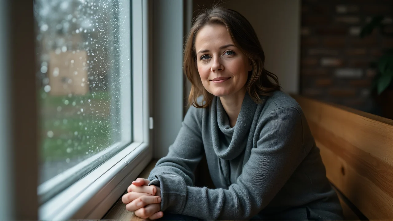 A woman wearing a grey cardigan sits on a wooden bench by a rain-speckled window, lost in thought.