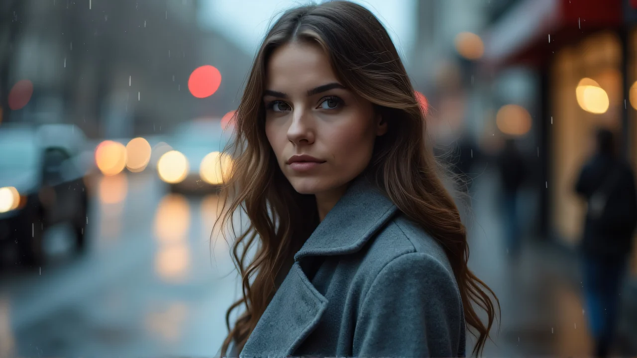 A woman stands on a rainy city sidewalk wearing a grey coat at dusk with soft lighting.