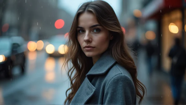 Woman in Grey Coat on Rainy City Sidewalk