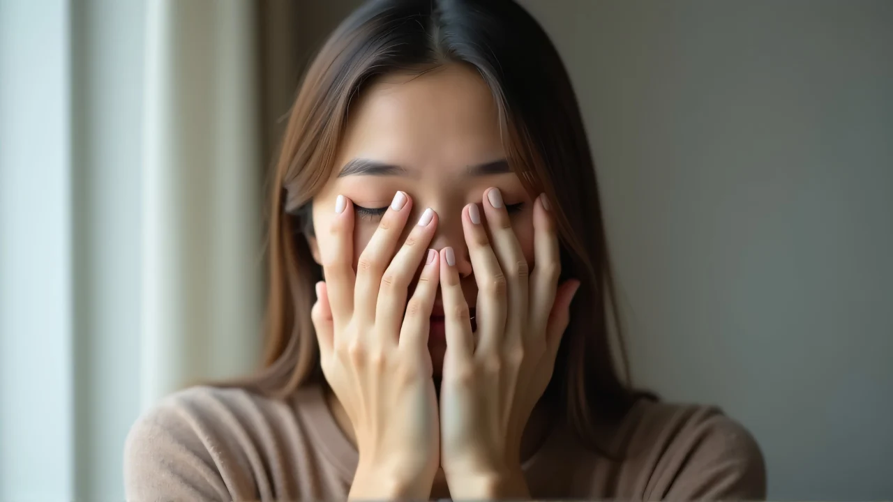 A woman covers her face with hands in a soft-lit portrait.