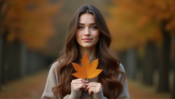 Woman Holding Brown Leaf in Autumn Setting