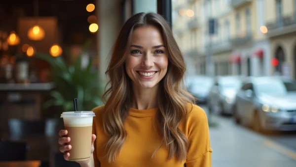Woman Holding Clear Beverage Cup In Urban Cafe