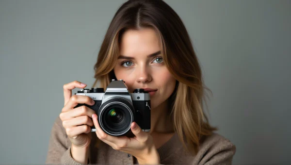 Woman Holding DSLR Camera Portrait in Studio