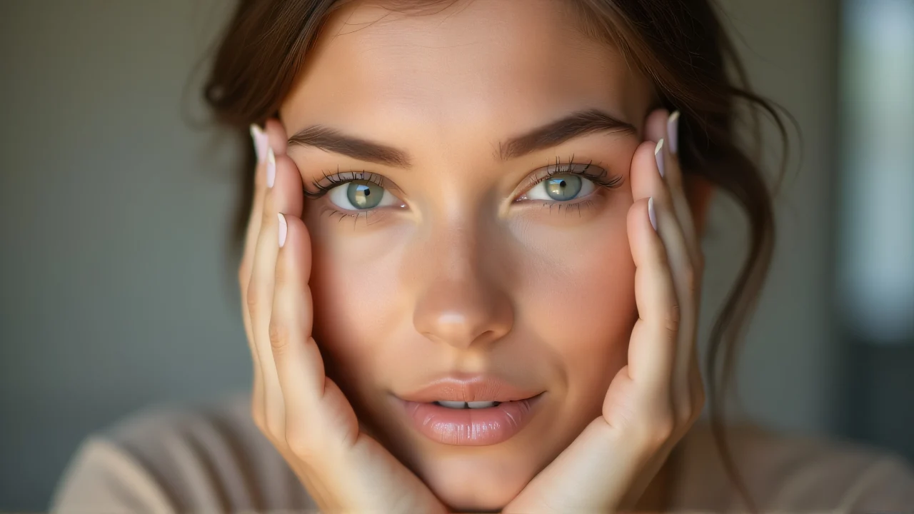 Close-up of a woman holding her face with both hands, showcasing soft light and emotional expression.