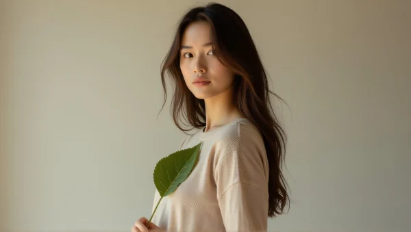 Woman Holding Green Leaf in Studio Portrait