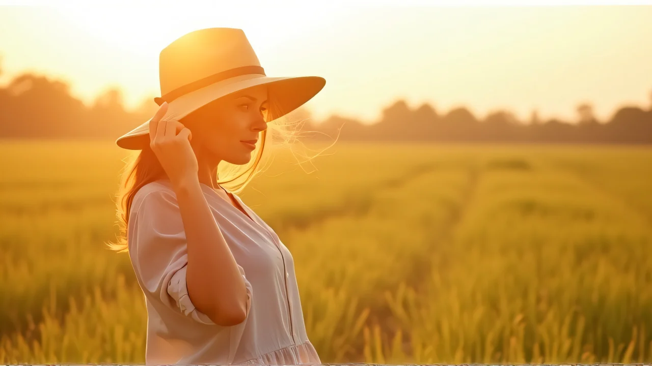 A woman stands in a grassy field holding her hat as the wind catches it, illuminated by warm afternoon light.