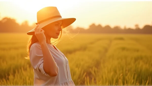 Woman Holding Hat in Sunlit Grass Field