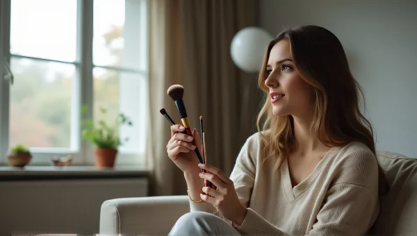 Woman Holding Makeup Brushes on Mid-Century Sofa