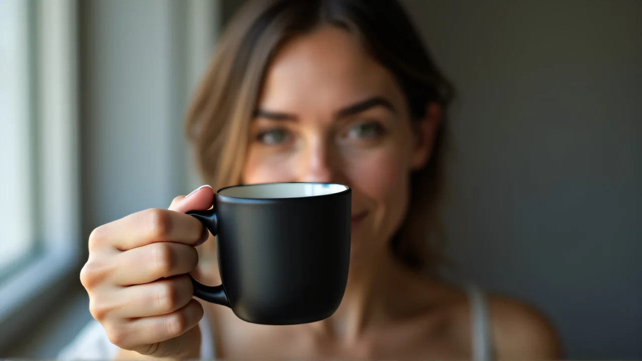 A woman poses with a matte black cup, softly lit from the side.