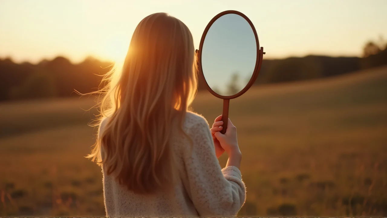 A woman holds a mirror outdoors, reflecting nature at sunset.