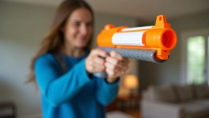 Woman Holding Nerf Gun in Stylish Living Room