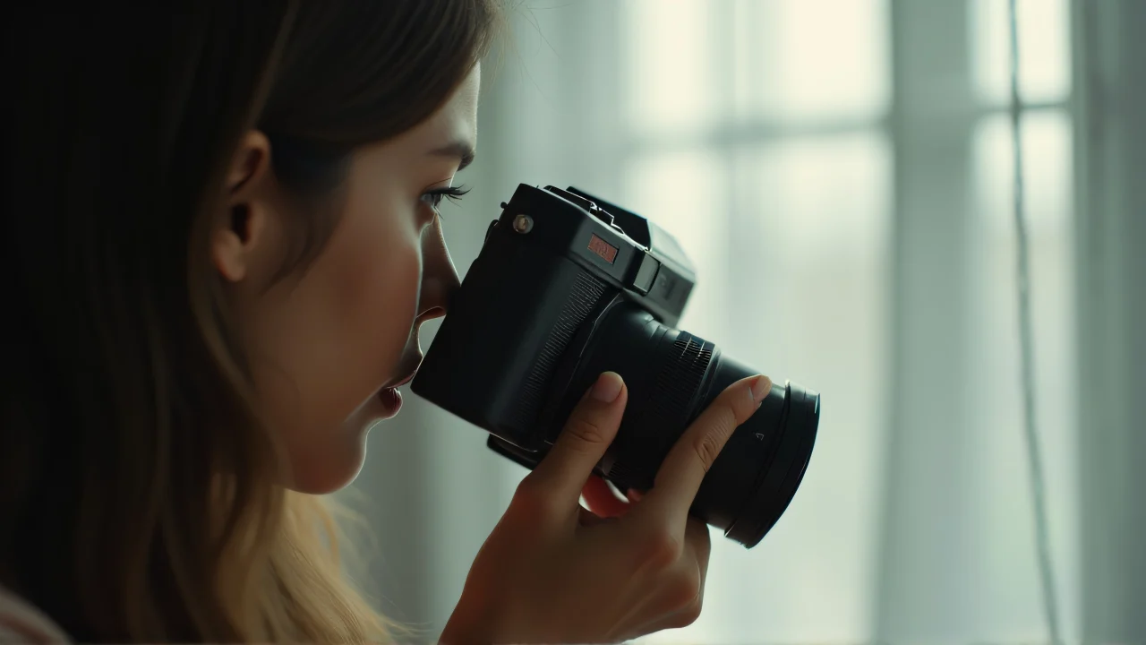 Close-up of a woman holding an old film camera with soft backlight.